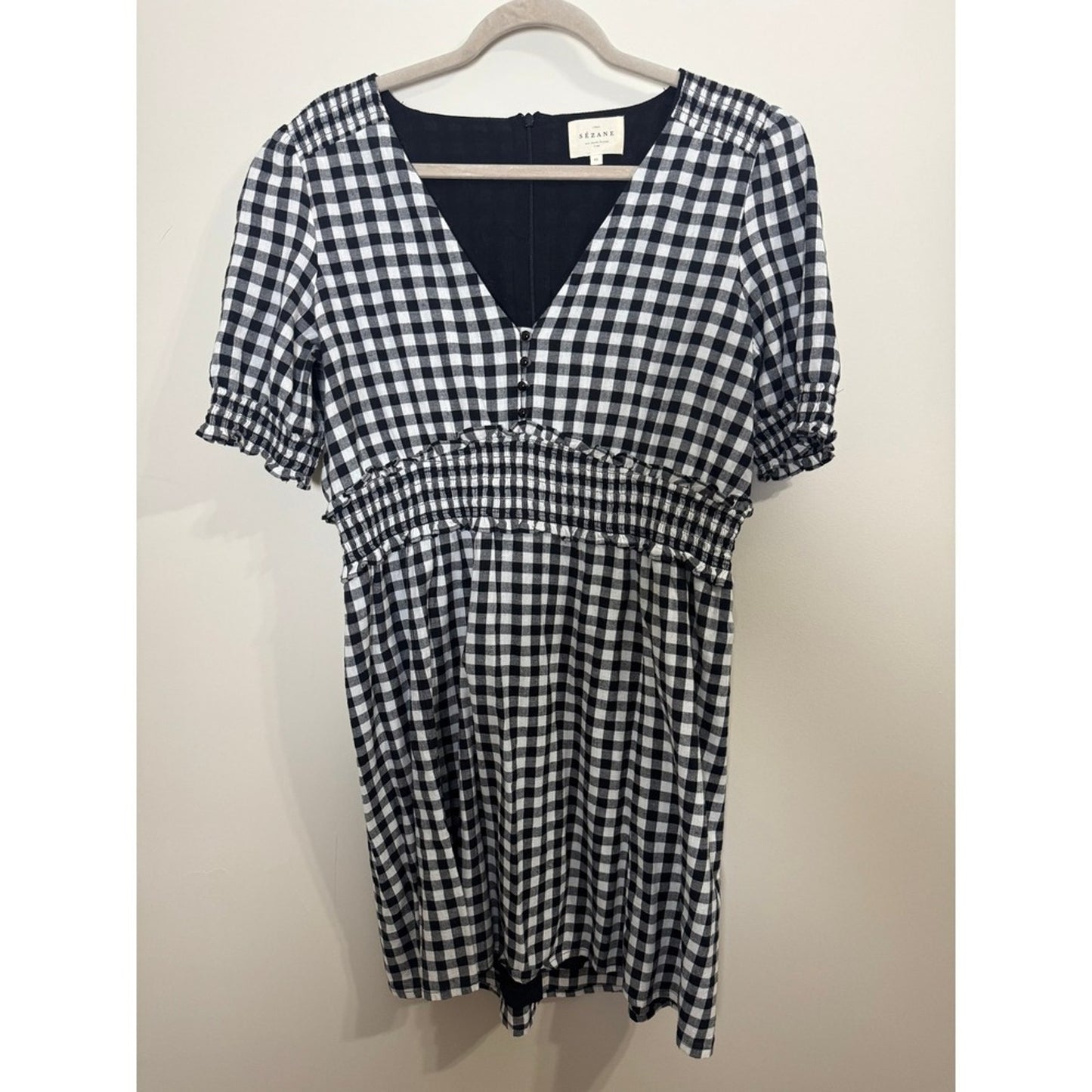 Sezane Black White Gingham Smocked Waist V-Neck Mini Dress Short Puff Sleeve 42