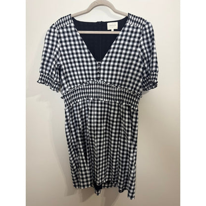 Sezane Black White Gingham Smocked Waist V-Neck Mini Dress Short Puff Sleeve 42