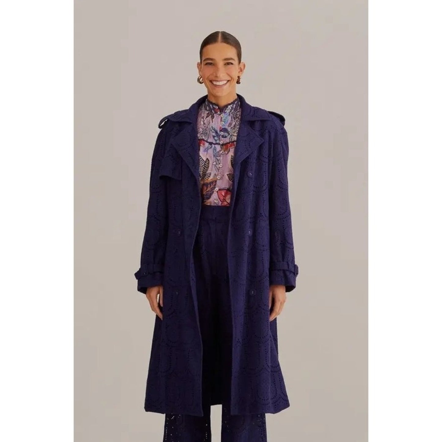 FARM Rio Navy Blue Cotton Eyelet Lace Trench Coat XS