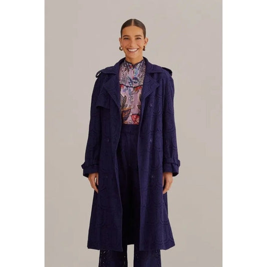 FARM Rio Navy Blue Cotton Eyelet Lace Trench Coat XS