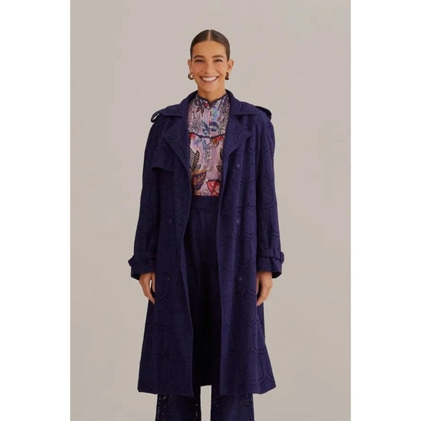 FARM Rio Navy Blue Cotton Eyelet Lace Trench Coat XS