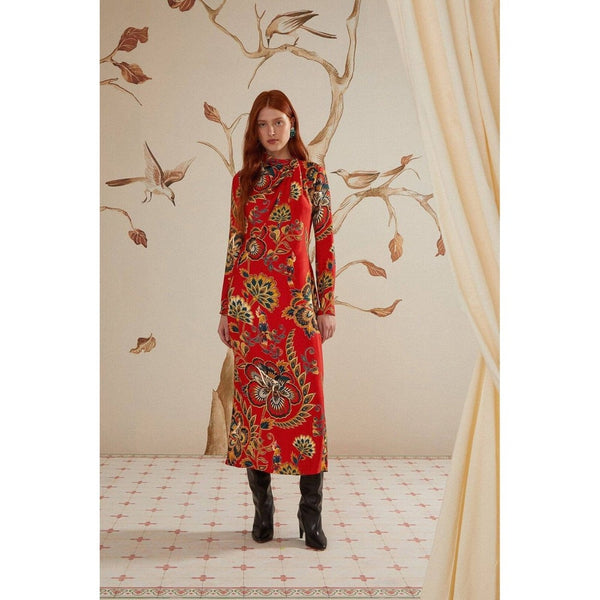 Farm Rio Floral Print Long Sleeve Midi Dress Red Blue Yellow Mandarin Collar