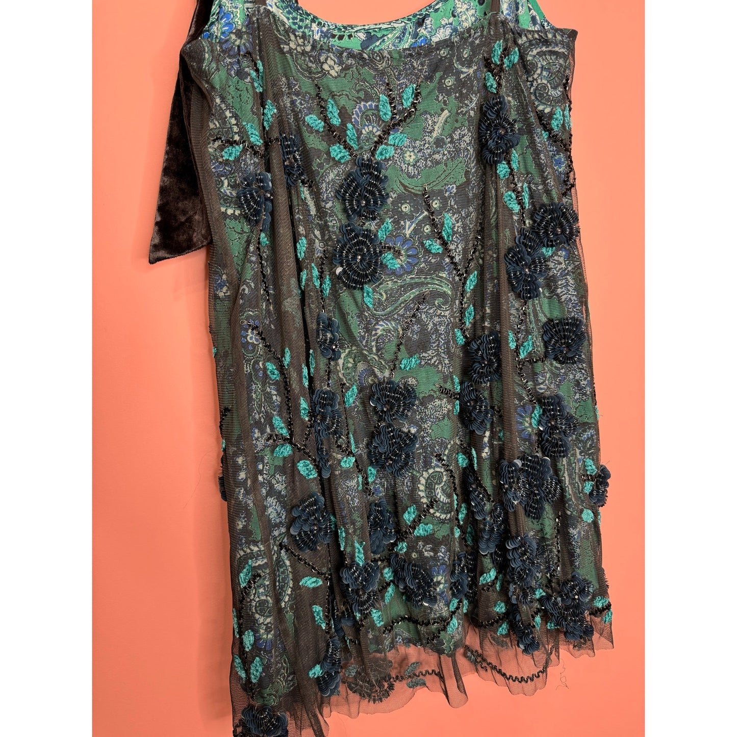 Free People Pure Heart Mini Dress Sleeveless Large Floral Paisley Sequin Lined
