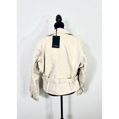 LAMARQUE Daniela Motorcycle Jacket‎ in Bone Small Leather Full Zip Belted Lined