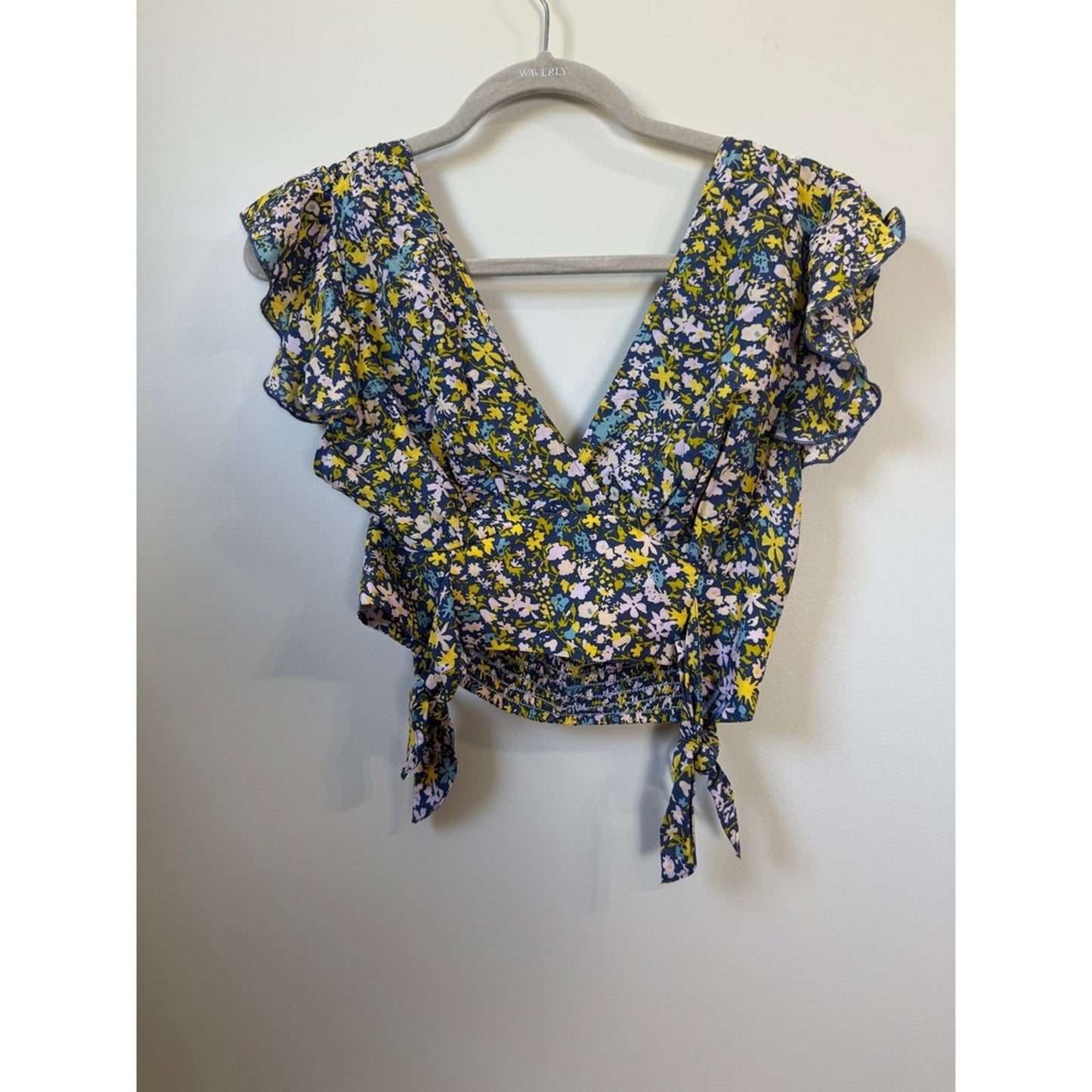 Free People Floral Two Piece Set Crop Top High Low Maxi Skirt XS Navy Yellow