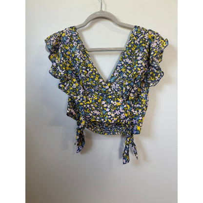 Free People Floral Two Piece Set Crop Top High Low Maxi Skirt XS Navy Yellow