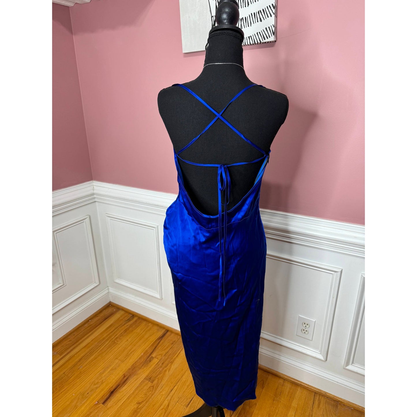 Amanda Uprichard Jasalina Dress in Branson Blue Large Satin Backless Cross Strap