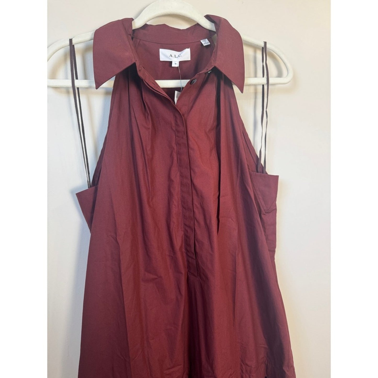 ALC Burgundy Cotton Poplin Halter Midi Dress Sleeveless Drop Waist Pocket Red M