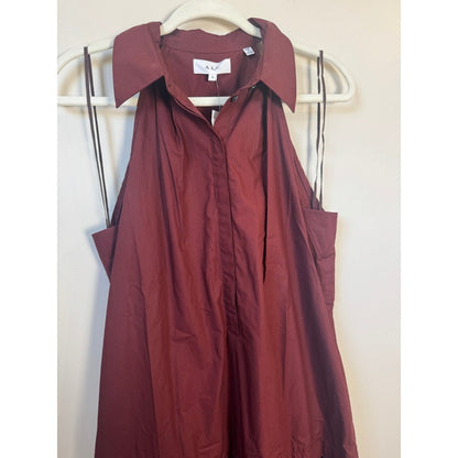 ALC Burgundy Cotton Poplin Halter Midi Dress Sleeveless Drop Waist Pocket Red M