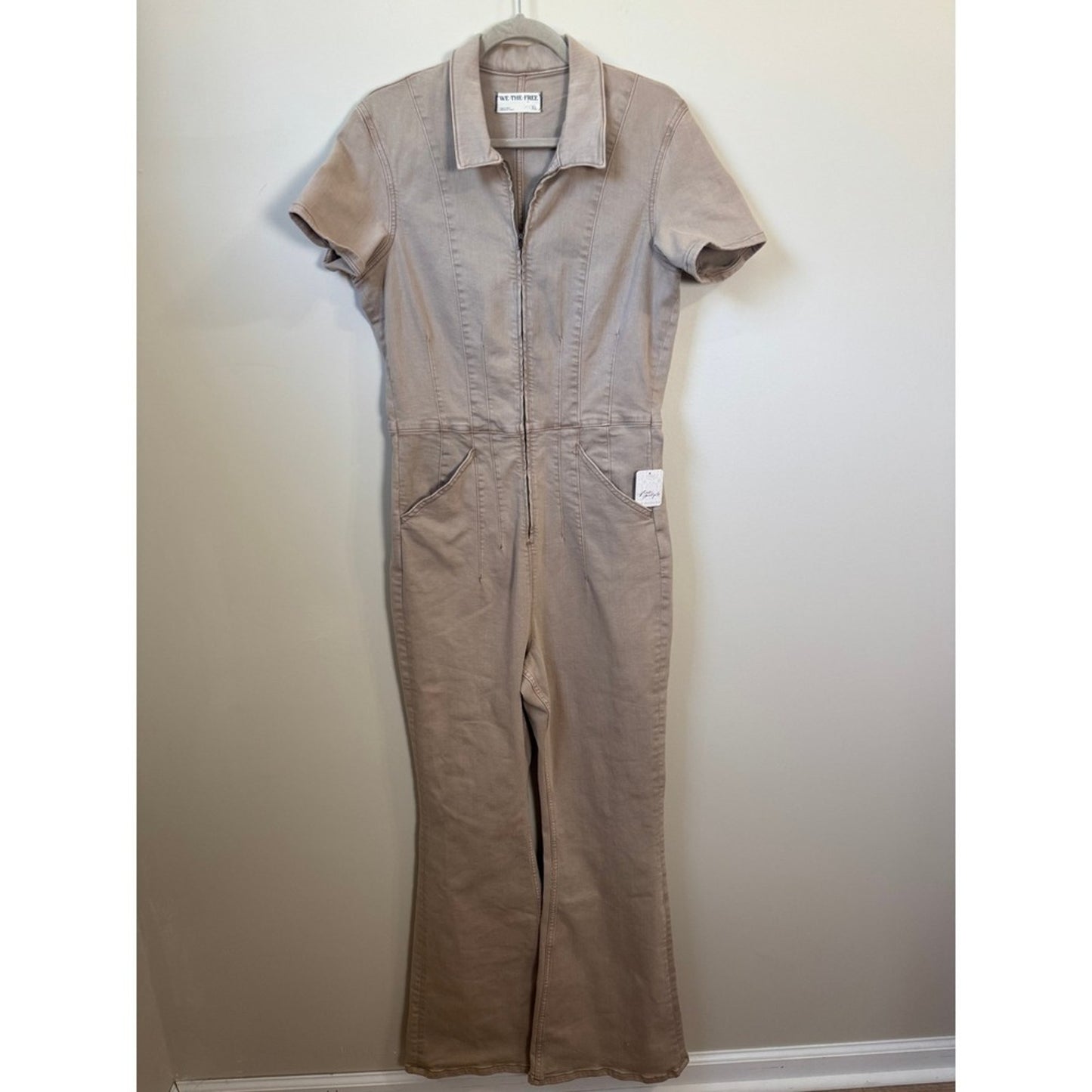 Free People We The Free Marci Denim Jumpsuit Flare Leg Tan Coverall XL NEW