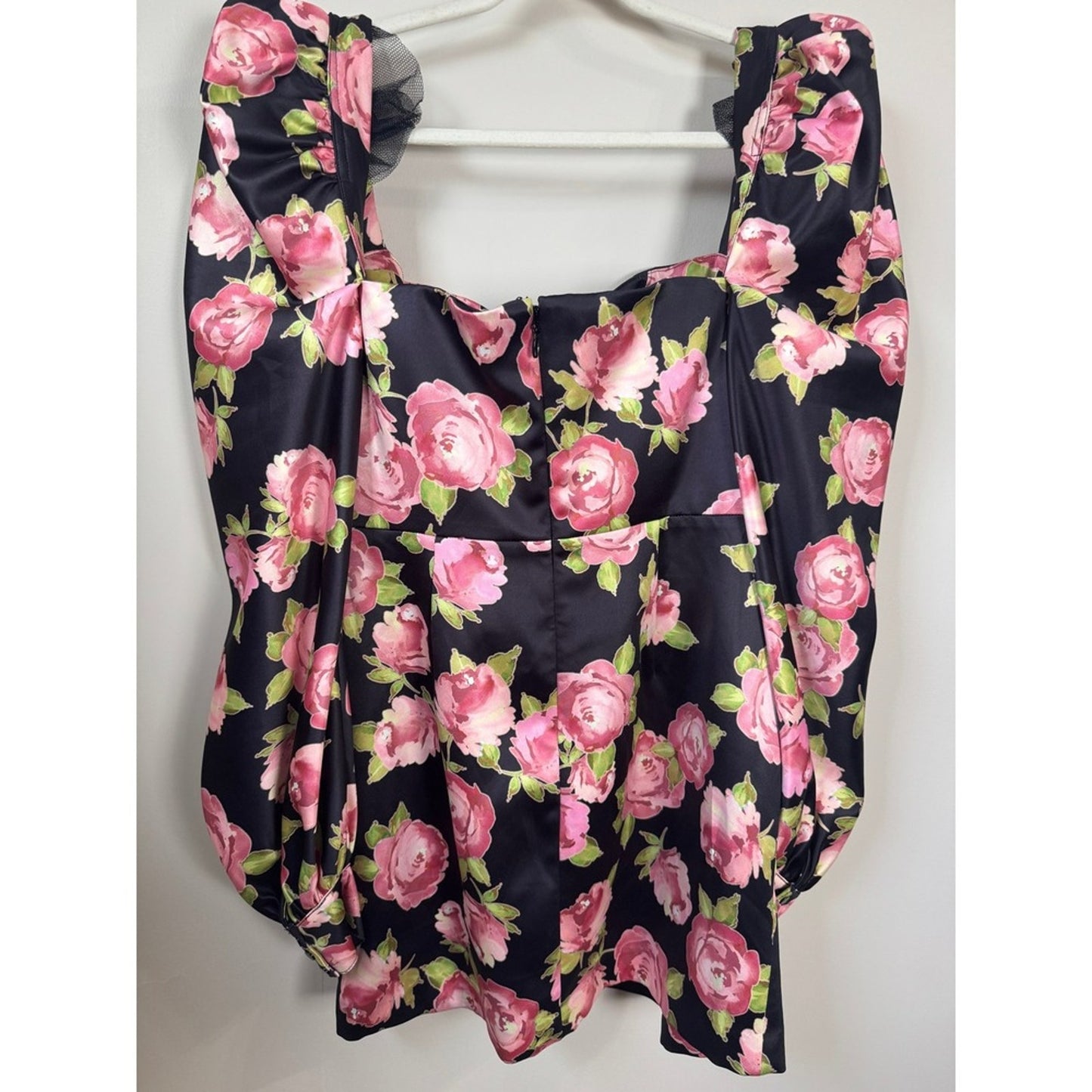 House of CB Black Pink Floral Satin Puff Sleeve Mini Dress Size L Rose Print