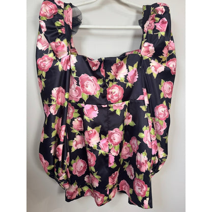 House of CB Black Pink Floral Satin Puff Sleeve Mini Dress Size L Rose Print