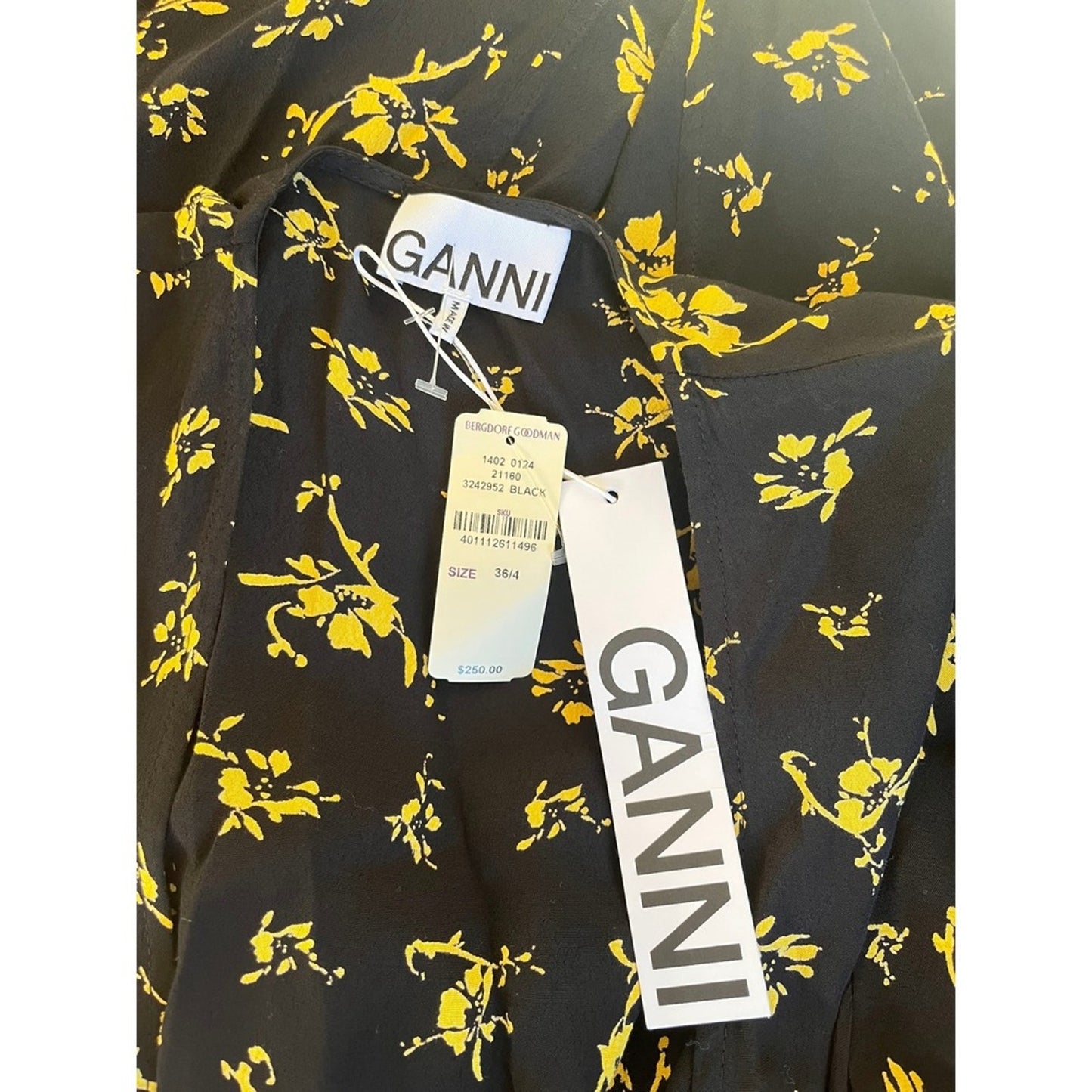 GANNI Black Yellow Floral Print Long Sleeve Wrap Maxi Dress Size 38