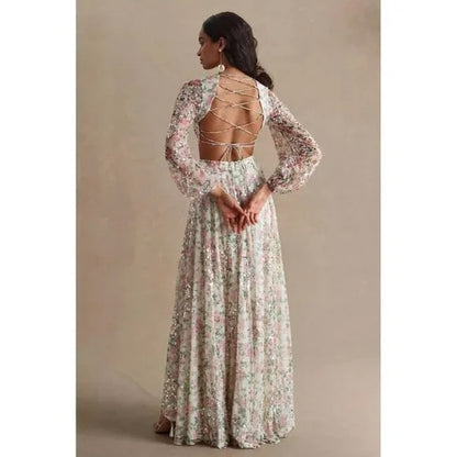 NEW NWT Mac Duggal Floral Sequined Cut Out Lace Up Gown A93746 Size 8