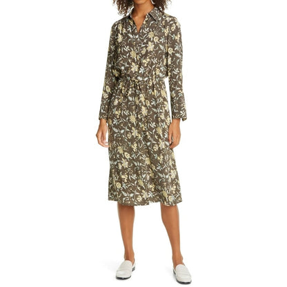 Club Monaco Midi Shirtdress in Brown Floral Medium Long Sleeve Button Front Silk