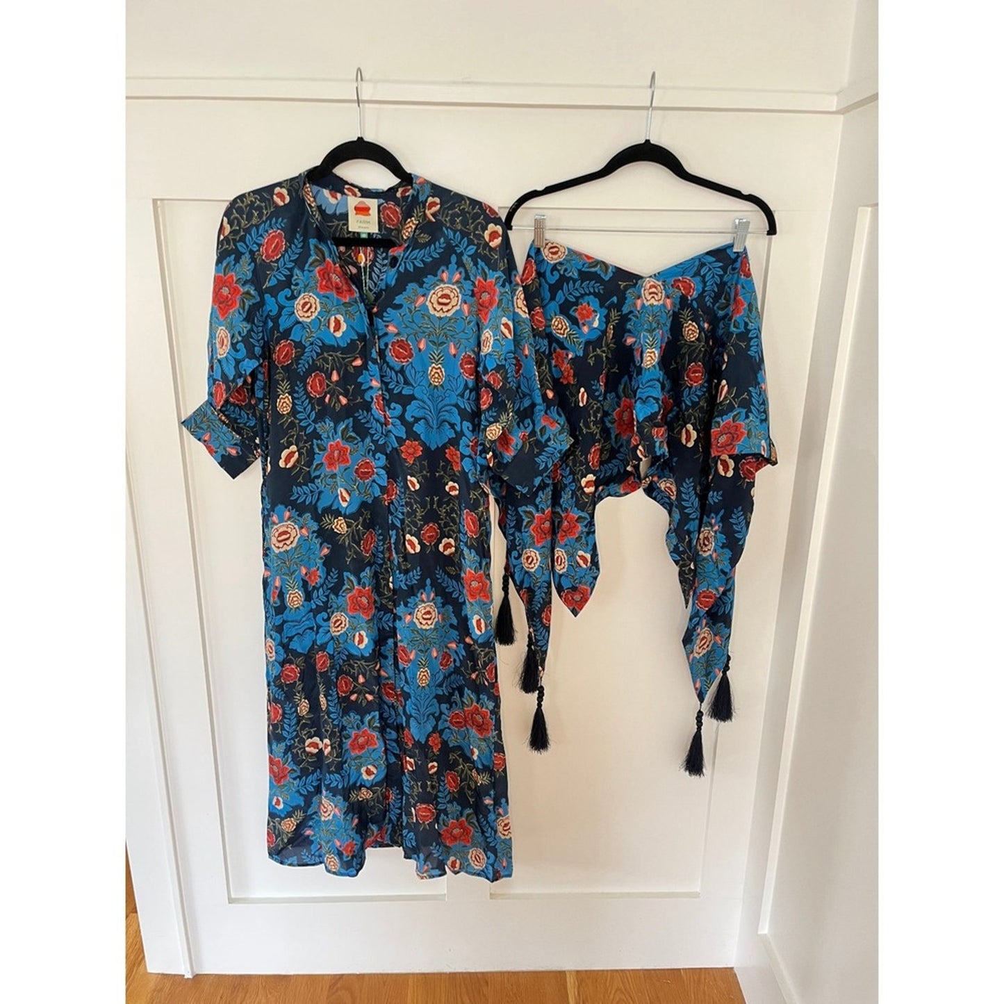 Farm Rio Maxi Dress Blue Floral Print Tie Waist Midi Length