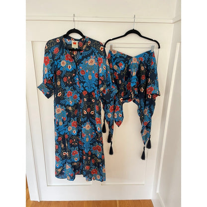 Farm Rio Maxi Dress Blue Floral Print Tie Waist Midi Length