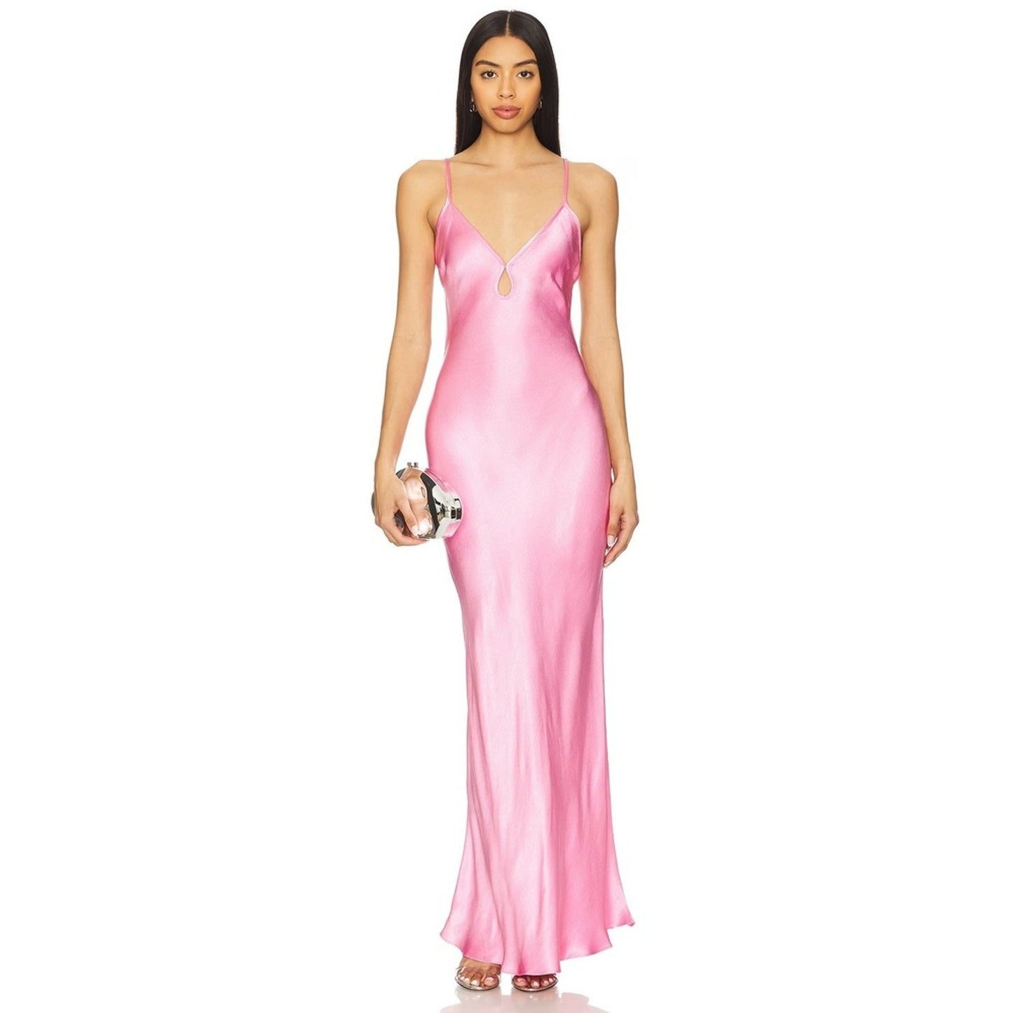 Bec + Bridge Pink Satin Maxi Dress V-Neck Open Back Formal Gown NEW