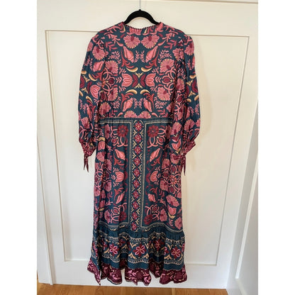 FARM Rio Mixed Prints Maxi Dress Long Sleeve V Neck Tiered Ruffled Hem Size L