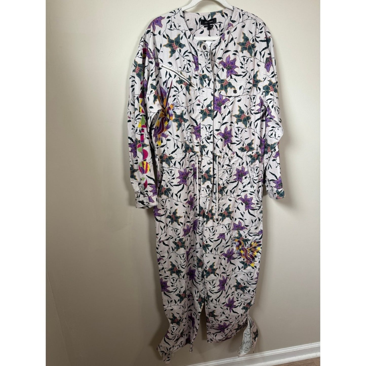 Isabel Marant Etoile Floral Bird Embroidered Utility Jumpsuit Ivory Purple