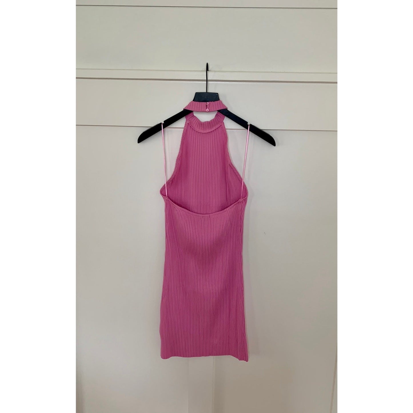 Zara Ribbed Halter Dress in Pink Large Mini Backless Knit Sleeveless Party