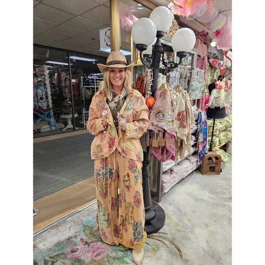 A Rare Bird Floral Patchwork Jacket and Wide Leg Pants Set Bohemian Peach