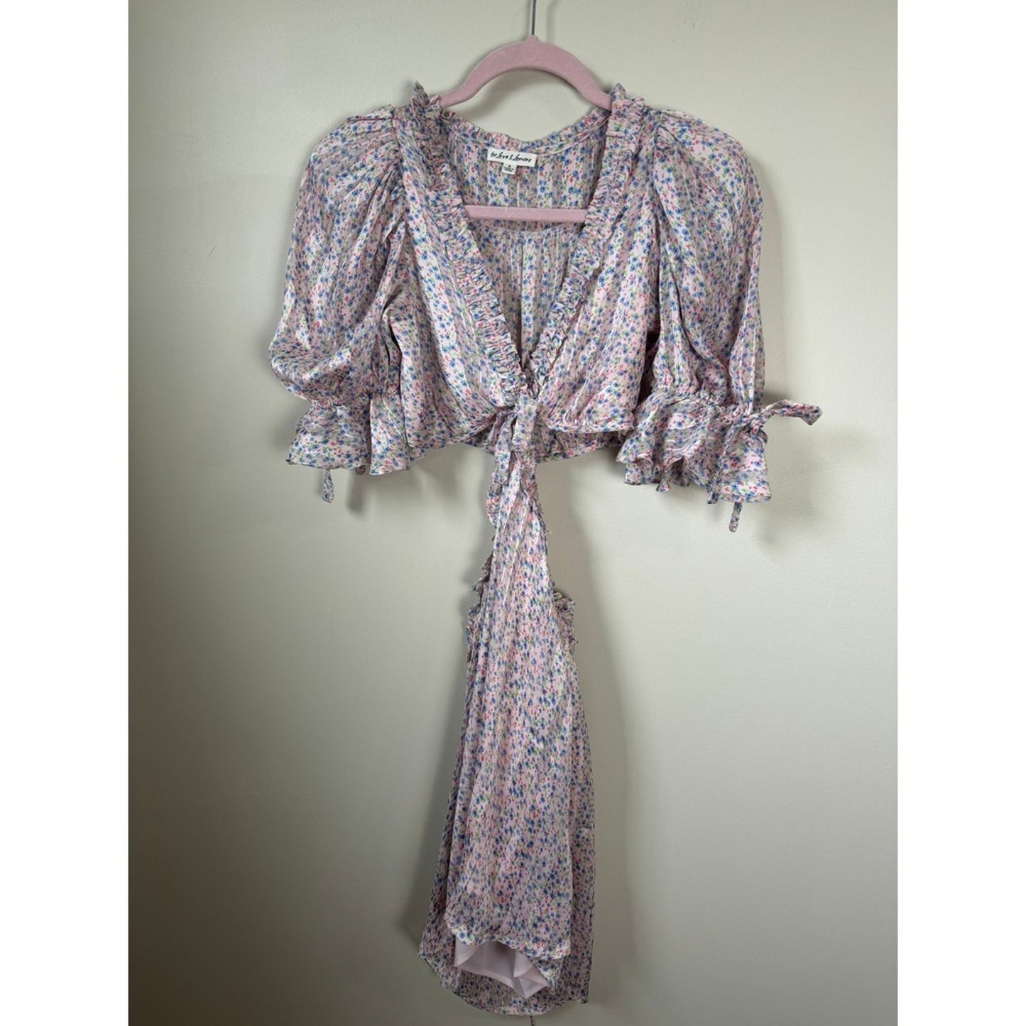 For Love & Lemons Pink Floral Cutout Mini Dress Puff Sleeve Metallic Pleat Small