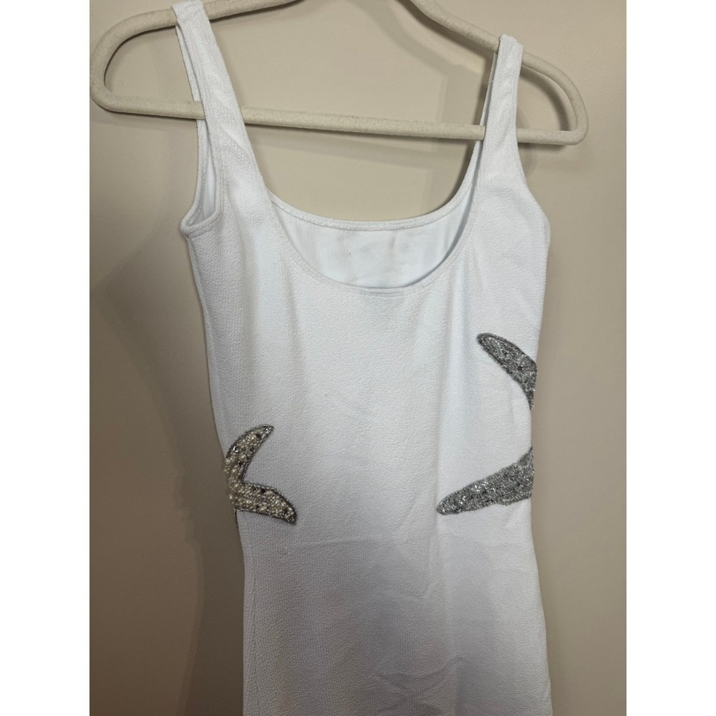 Leslie Amon White Starfish Embellished Midi Dress Silver Sequin Pearl Nautical