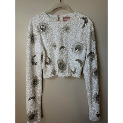Show Me Your Mumu Sequin Celestial Sun Moon Crop Top White Silver Large Party