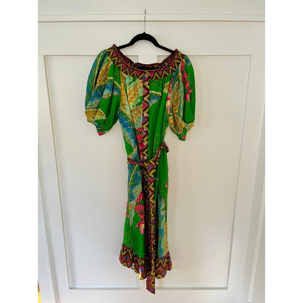FARM Rio Off Shoulder Maxi Dress Green Floral Puff Sleeve Tie Waist S