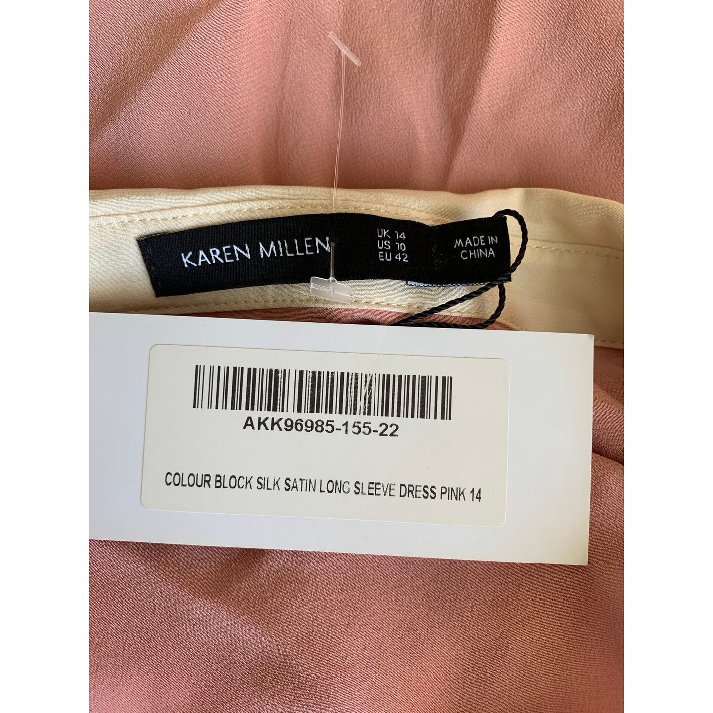 Karen Millen Colour Block Silk Satin Long Sleeve Dress Pink Size 14 Button Front