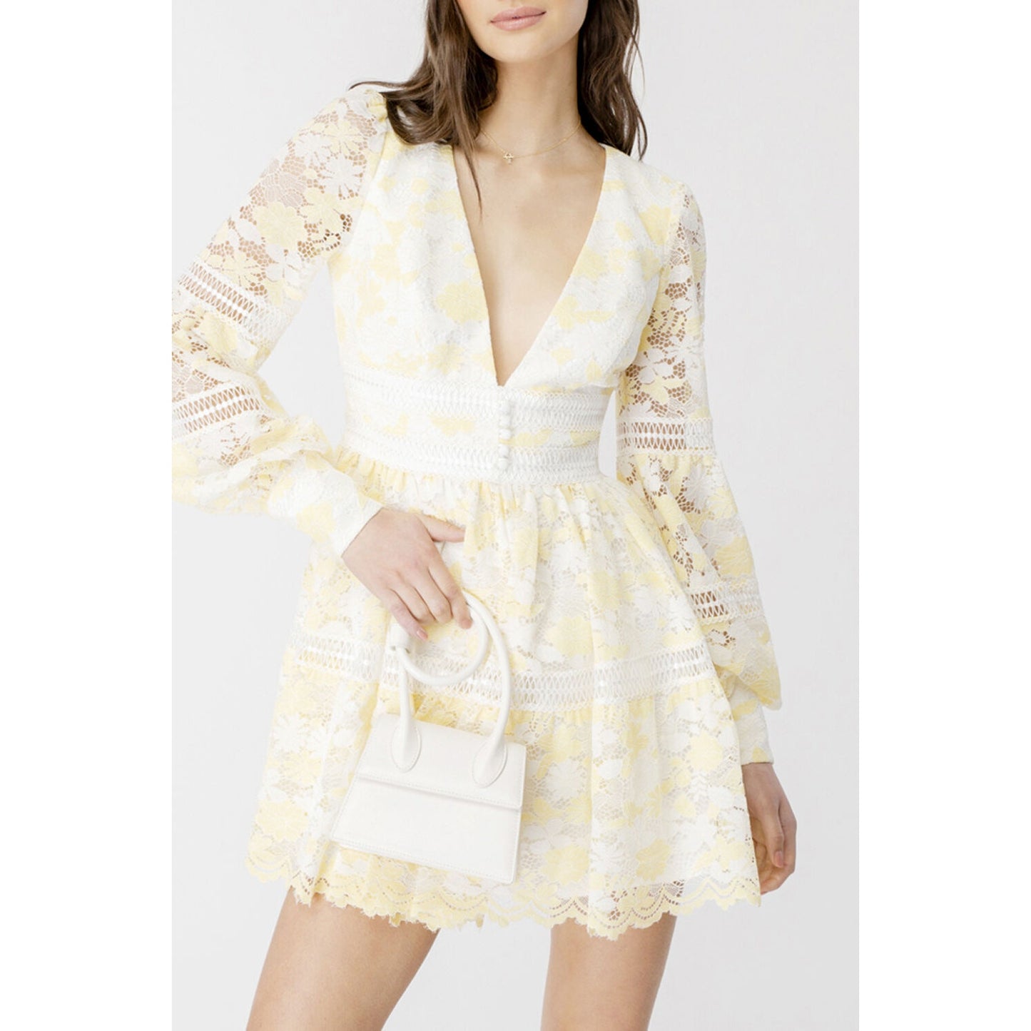NEW Bardot Lace Venice Lace Yellow & White Mini Dress  Size XL