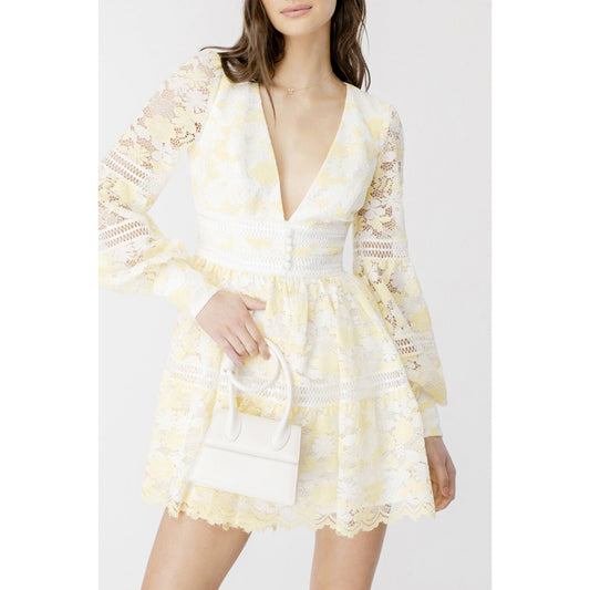 NEW Bardot Lace Venice Lace Yellow & White Mini Dress  Size XL