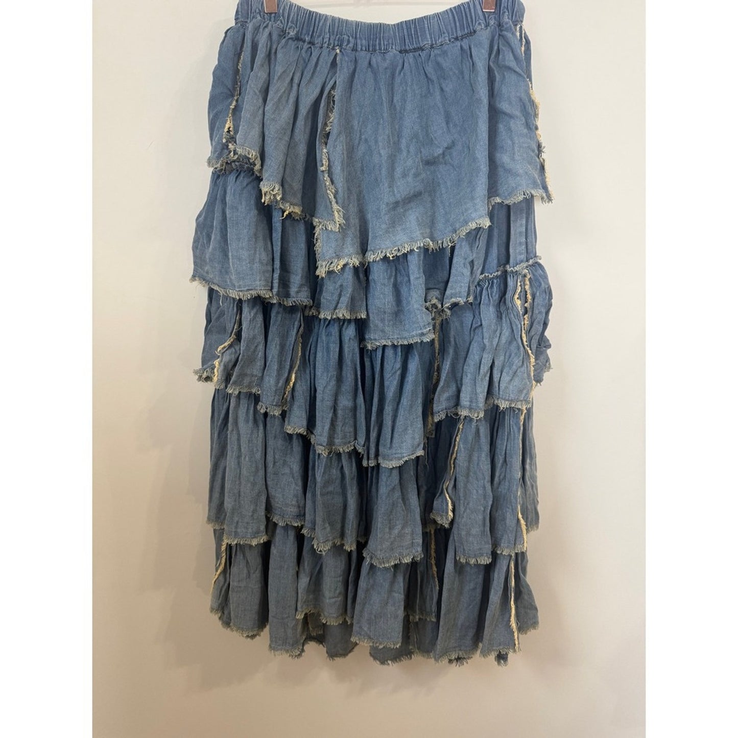 Jaded Gypsy Blue Denim Tiered Ruffle Frayed Wide Leg Pants Lagenlook Boho L/XL
