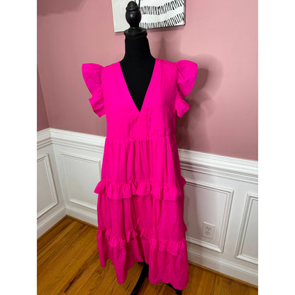 Amanda Uprichard Chamomile Dress in Cerise Large Sleeveless Tiered V-Neck Lined