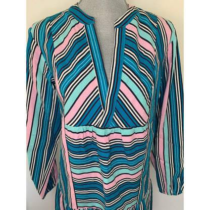 Marie Oliver Shift Dress in Blue Multi Striped Small Long Sleeve V-Neck Silk