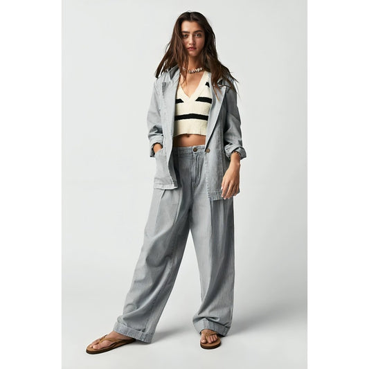 Free People Wanderlust Denim Suit Set in Blue Pinstripe Size 0 Pockets Cotton