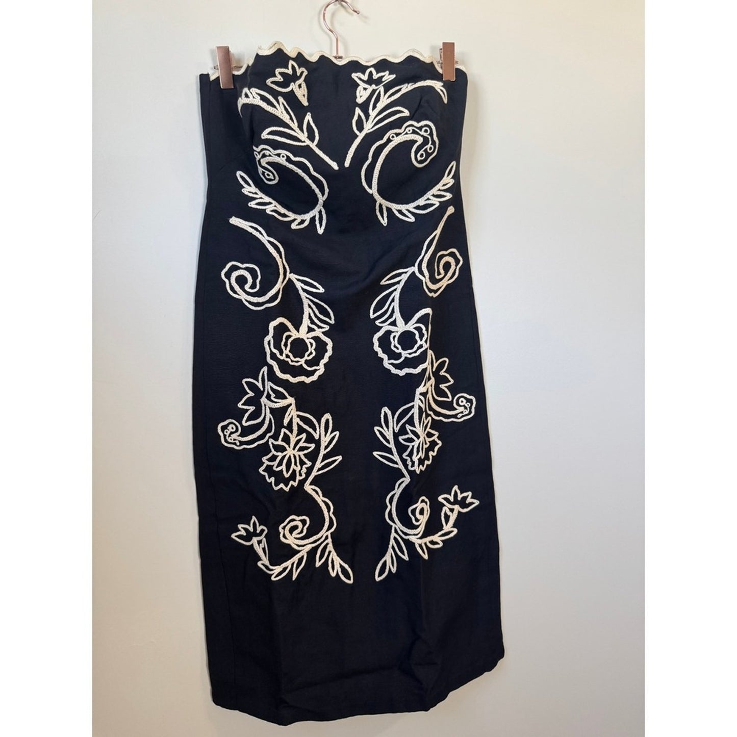 La Linge Sophia Dress Strapless Embroidered Linen Midi Black Ivory Size4