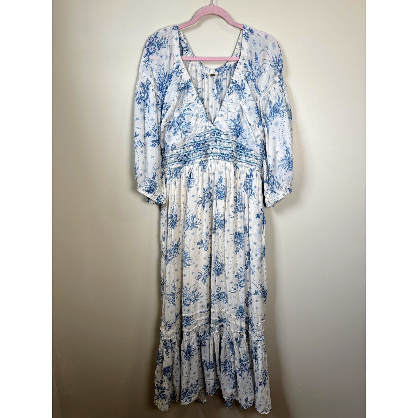 NEW Free People Golden Hour Smocked Floral Maxi in Tea Combo Size Large