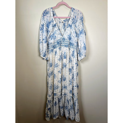 NEW Free People Golden Hour Smocked Floral Maxi in Tea Combo Size Large