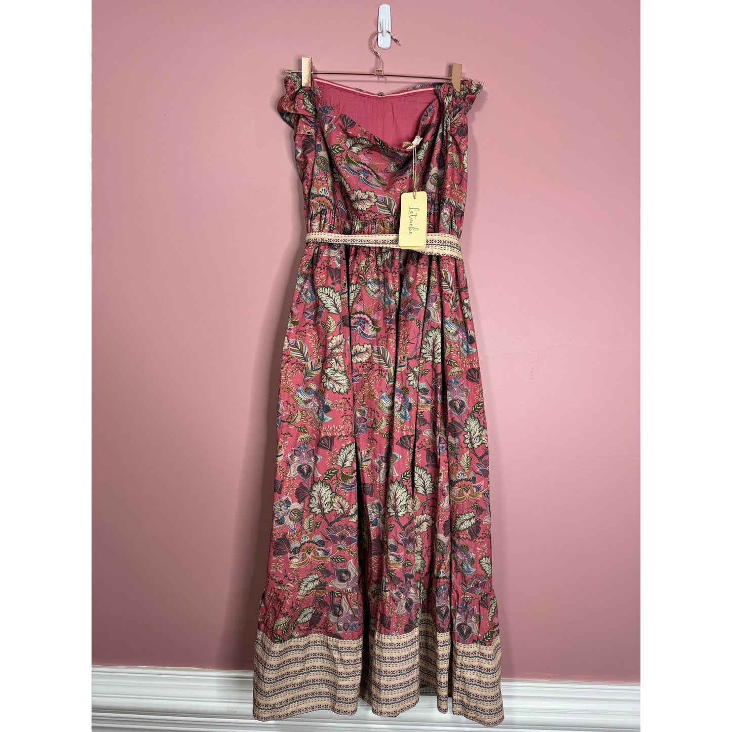 Anthropologie Let Me Be Boho Halter Maxi Dress in Brown Motif Size XL Floral