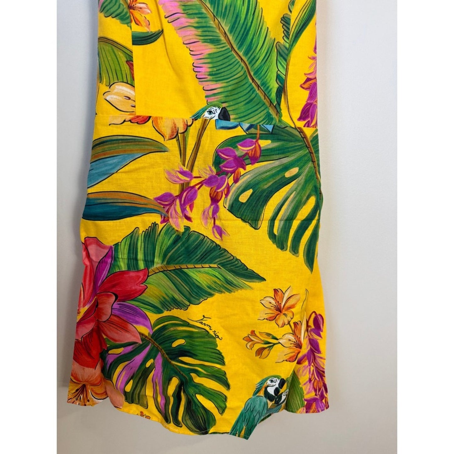 Farm Rio Yellow Tropical Parrot Print Open Back Mini Dress With Tassels NWT