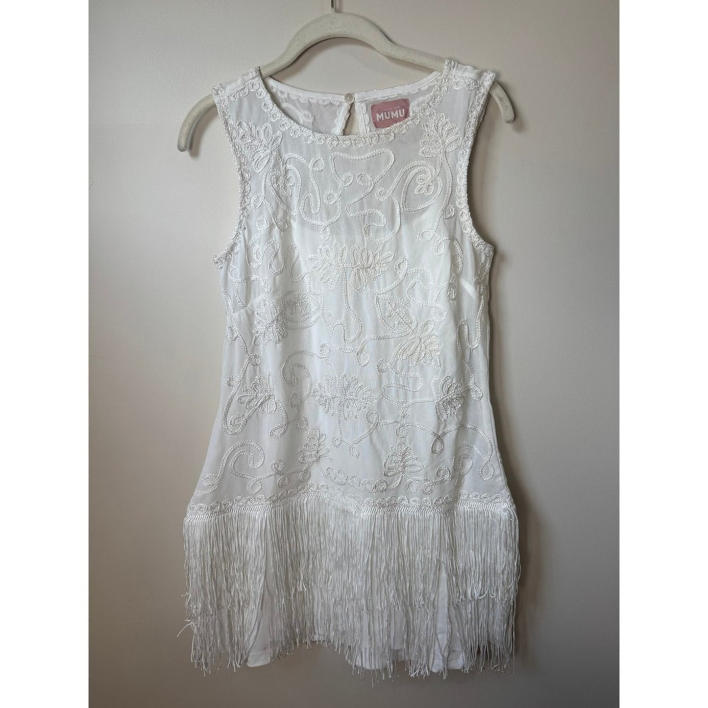 Show Me Your Mumu White Embroidered Fringe Mini Dress Sleeveless Flapper Bridal