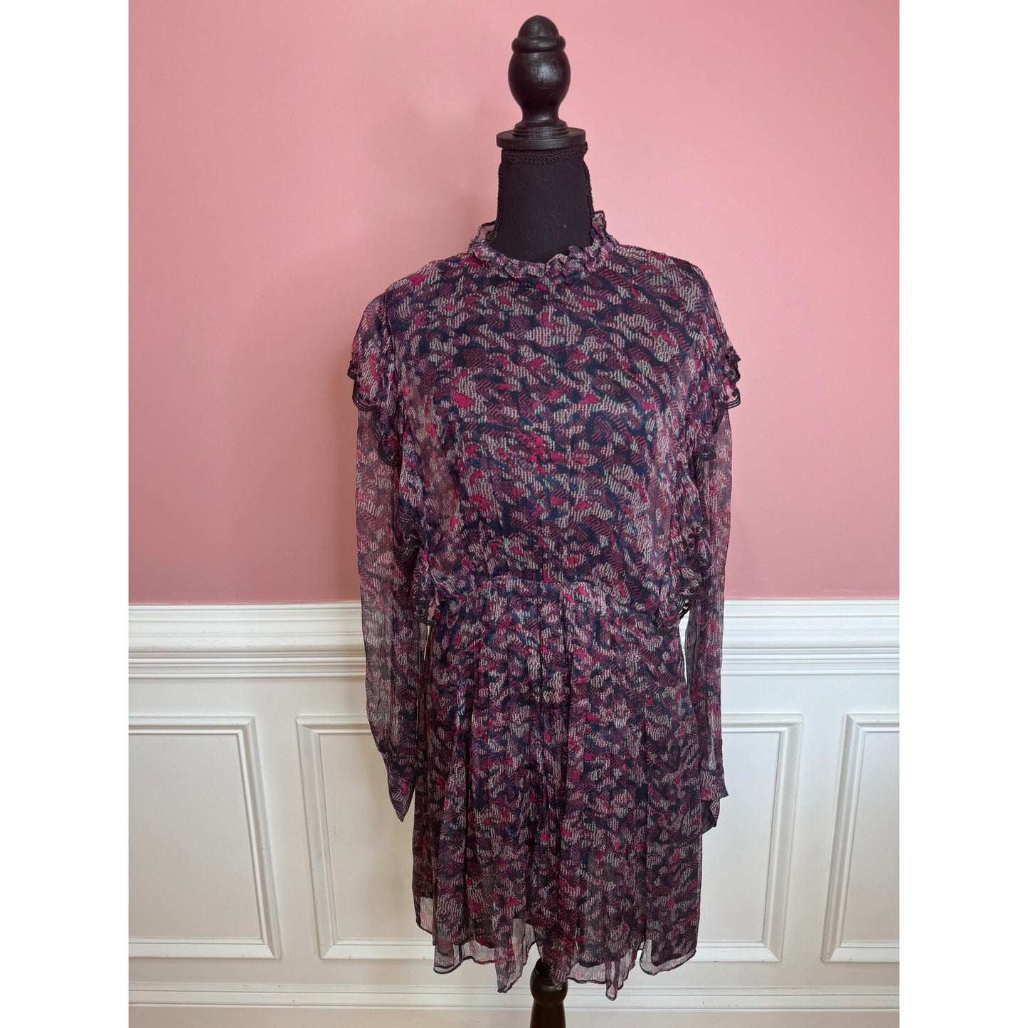 IRO Tinkle Mini Dress Size 18W Sheer Viscose Printed High Neck Long Sleeve