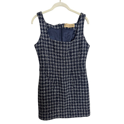 Aya Muse Womens Navy White Houndstooth Tweed Square Neck Mini Shift Dress