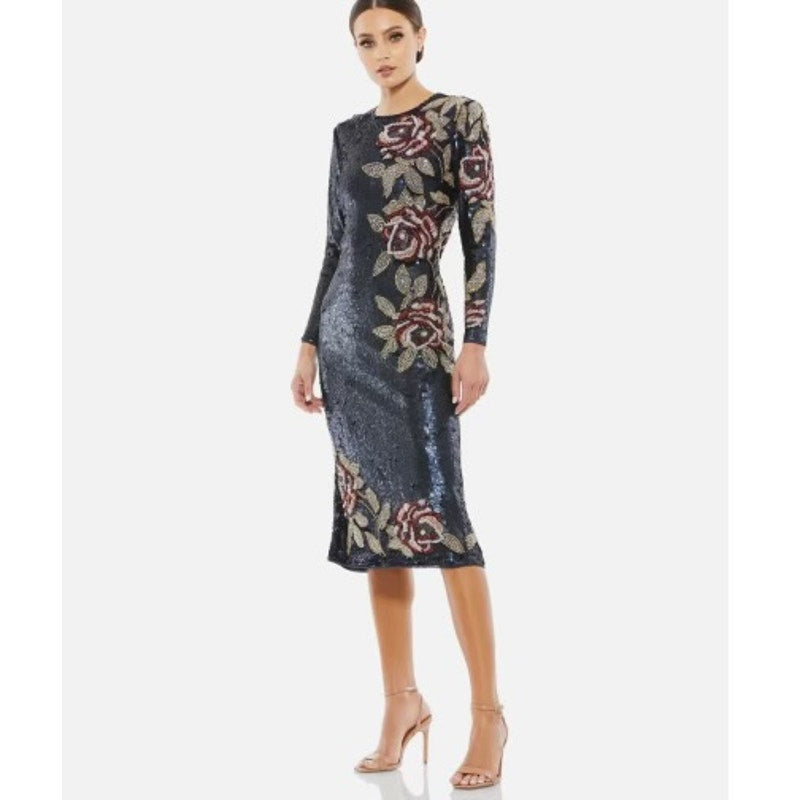 Mac Duggal Metallic Floral Midi Sequin in Midnight Dress Size 8 Long Sleeve