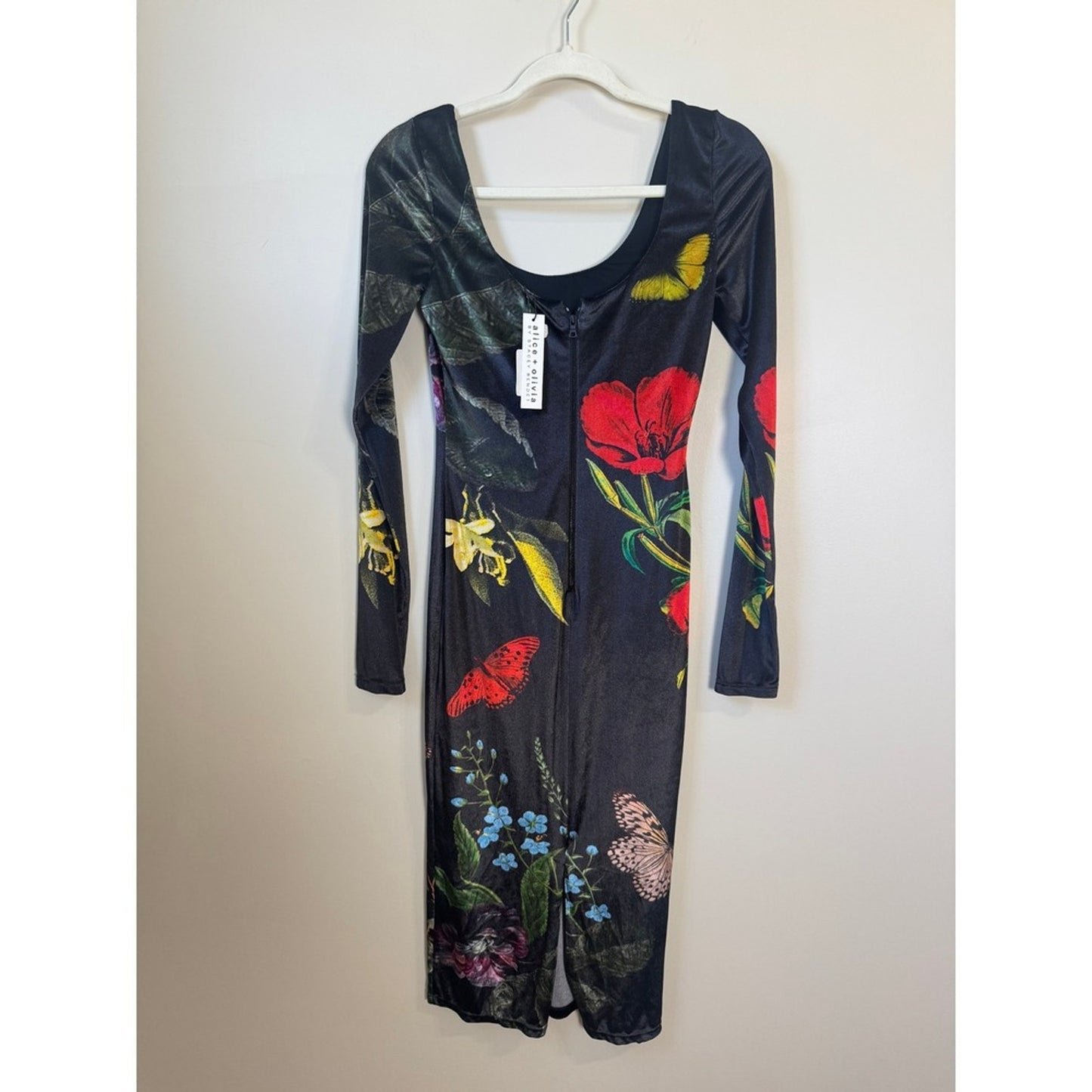 Alice + Olivia Delora Floral Butterfly Midi Dress Black Long Sleeve Scoop Neck