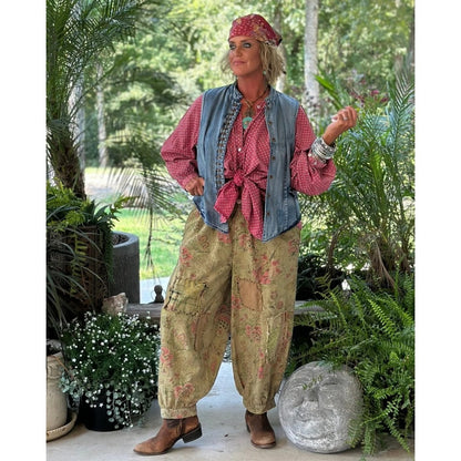 Jaded Gypsy Floral Patchwork Harem Pants Green Pink Boho Lagenlook Balloon