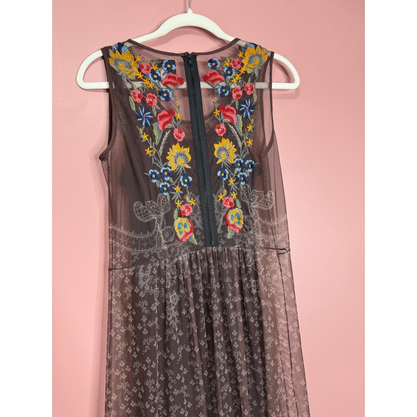 Johnny Was Eleir Printed Mesh Maxi Dress Size XS Floral Sleeveless Embroidered