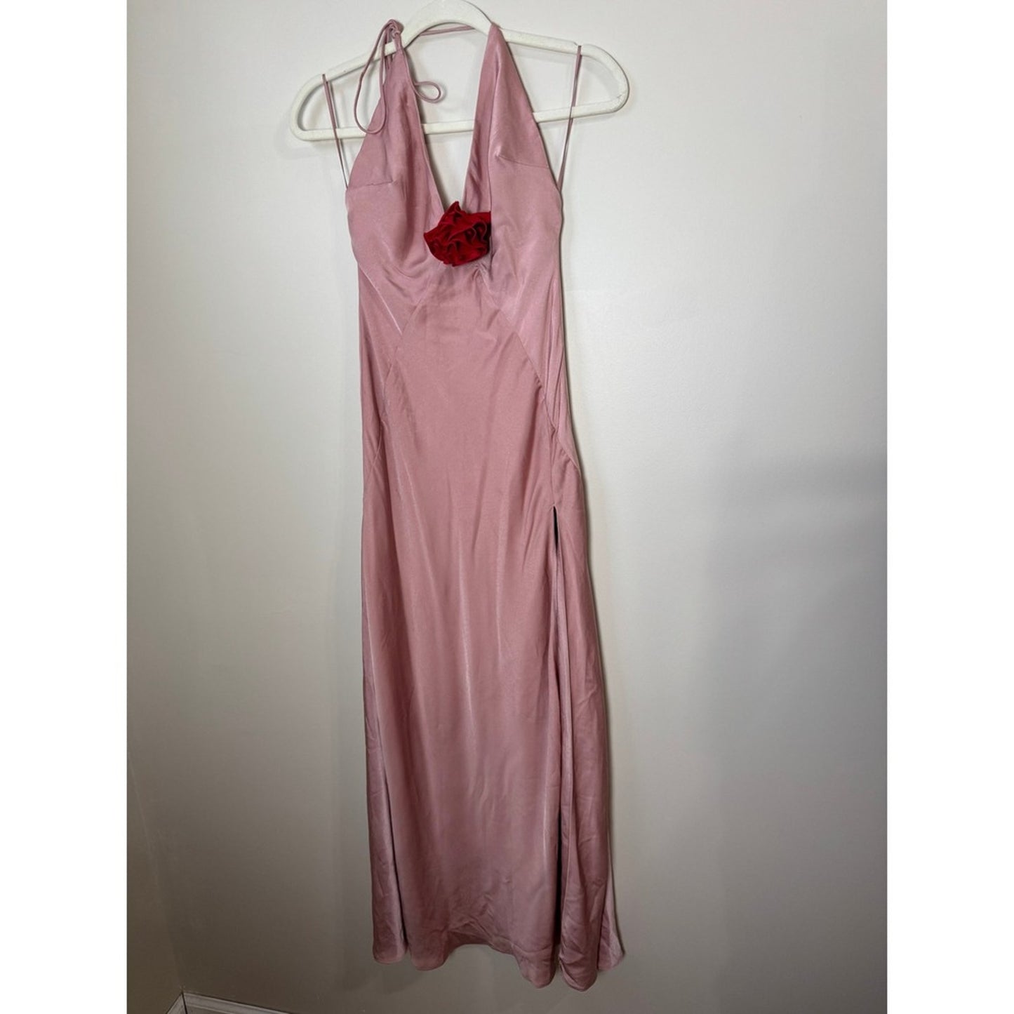 Bardot Aradia Pink Silk Halter Neck Maxi Dress Red Rose Accent